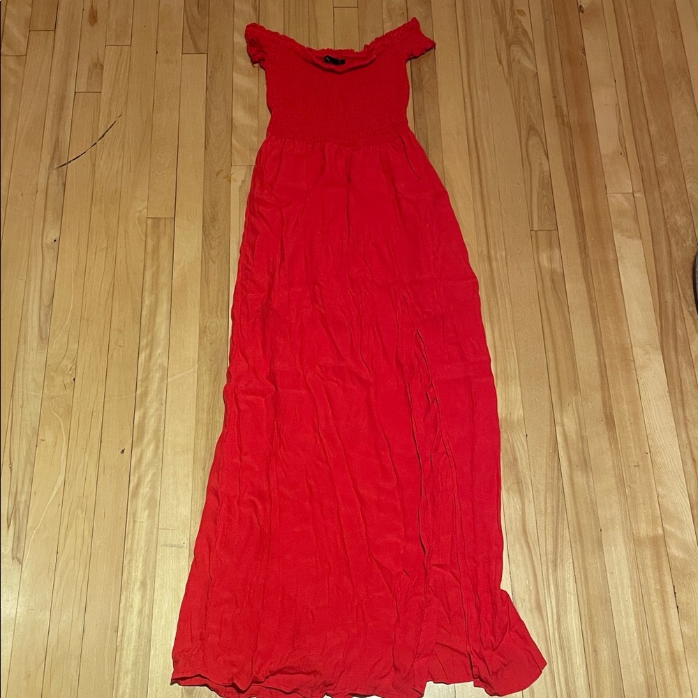 Dynamite Vibrant Red Off-Shoulder with Slit Maxi Dress